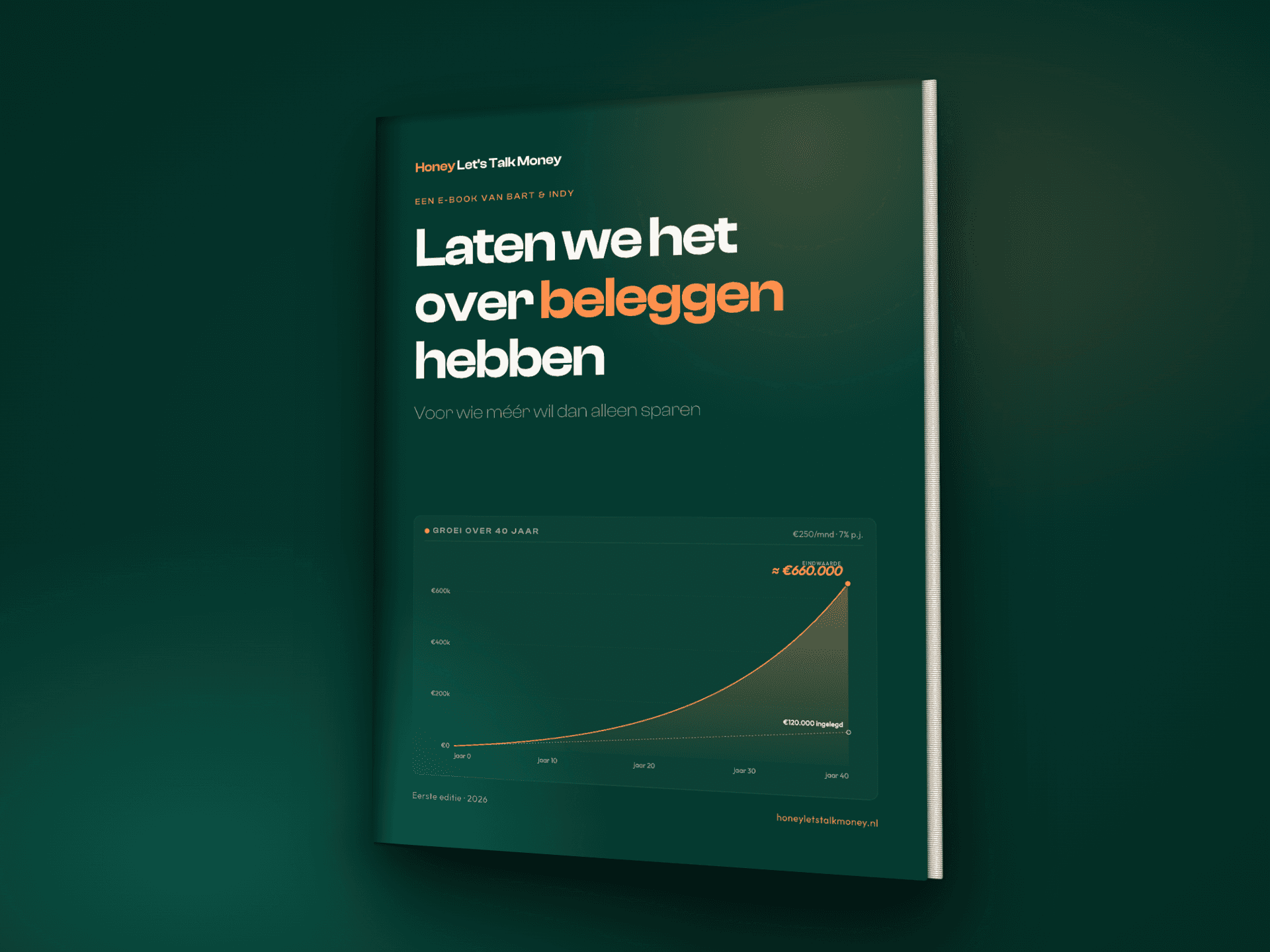 Hardcover-mockup van het e-book 'Laten we het over beleggen hebben' van Bart en Indy, op forest-green achtergrond