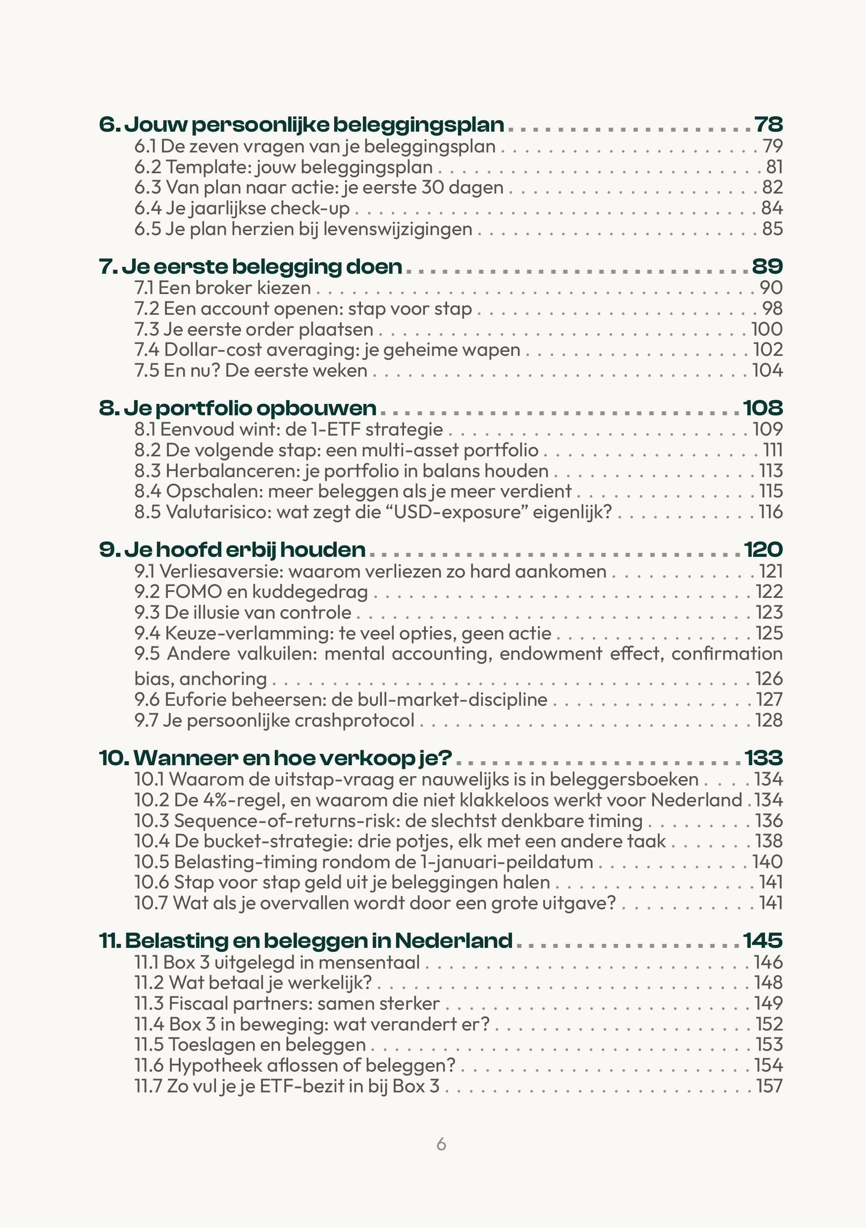 Inhoud (2/3): hoofdstuk 6 tot en met 11, van Jouw persoonlijke beleggingsplan tot Belasting en beleggen in Nederland