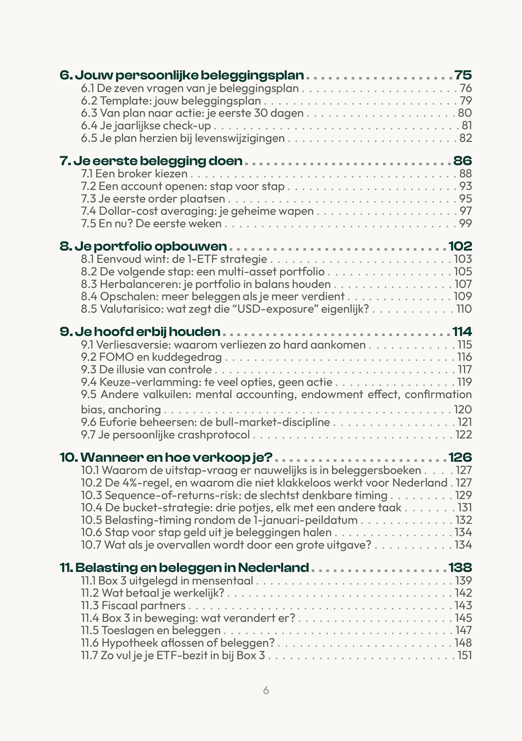 Inhoud (2/3): hoofdstuk 6 tot en met 11, van Jouw persoonlijke beleggingsplan tot Belasting en beleggen in Nederland